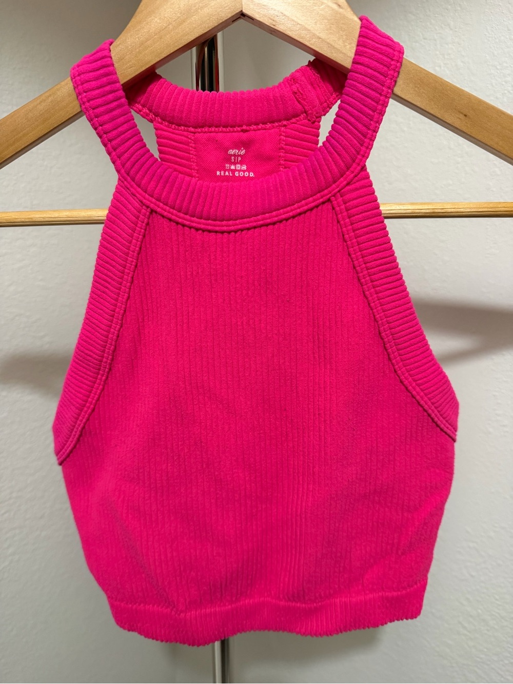 aerie Bright Hot Pink Ribbed Halter Crop Tank